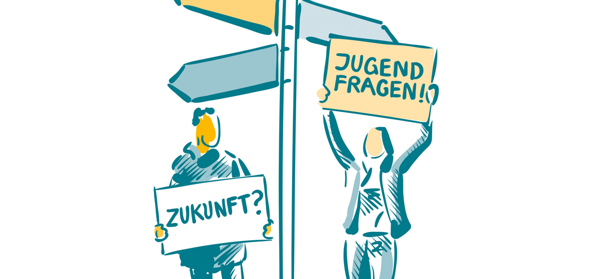 Illustration: Wegweiser und 2 Personen mit Schildern Zukunft? Jugend Fragen!