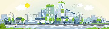 Illustration einer Stadt am Wasser mit erneuerbaren Energien