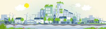 Illustration einer Stadt am Wasser mit erneuerbaren Energien
