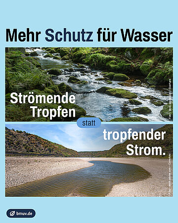 2 Bilder untereinander: Strömende Tropfen (ein lebhafter Fluss) statt tropfender Strom (ausgetrockneter Fluss).