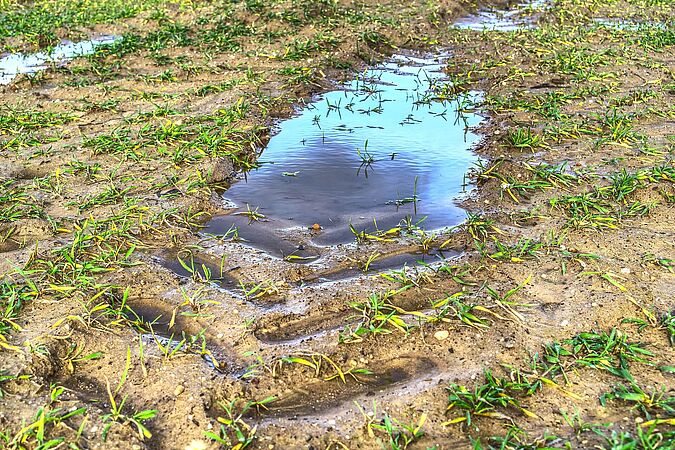 Die Spur auf diesem Foto stammt von einer schweren landwirtschaftlichen Maschine auf einem Feld.