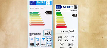 Das alte EU-Energielabel, links, und das neue Energielabel, rechts, mit einem QR-Code