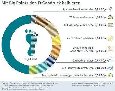 Die Infografik zeigt auf, auf welche Weise jede und jeder Einzelne im Alltag CO₂ einsparen kann
