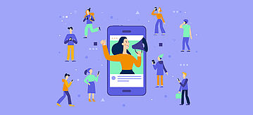 Illustration im einfachen Stil mit Personen, die ein Smartphone in der Hand halten.  