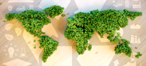 Illustration der Welt und ihrer Kontinente, die mit Efeu überzogen sind.