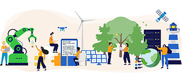 Illustration zu Themen der Digitalisierung: Menschen im Kontext zu Drohnen, Robotik und nachhaltige Energien