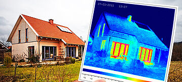 Wärmebild eines Einfamilienhauses in der Nahaufnahme, das Haus steht im Hintergrund