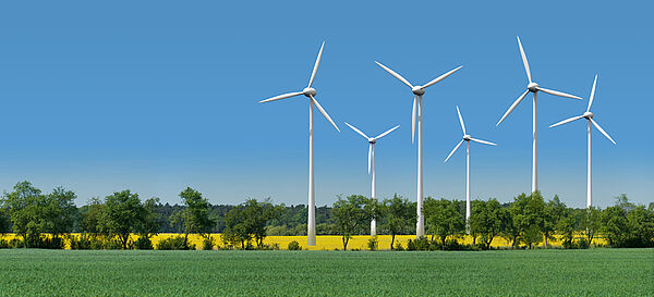 Landschaftsaufnahme: Windrad im Rapsfeld