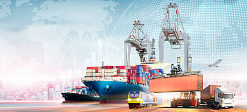 Hafen für Logistik mit Containern und LKWs