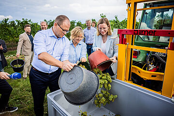 Bundesumweltminister Schneider hilft bei der Ernte.. Weitere Informationen siehe Bildunterschrift