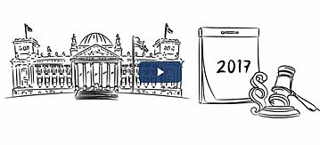 Zeichnung vom Reichstag und einem Kalender und einem Hammer