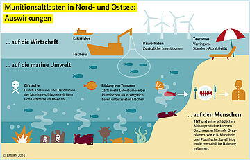Infografik-Zeichnung: Auswirkungen auf die Wirtschaft, die Unterwasserwelt und den Menschen. Weitere Informationen siehe Bildunterschrift