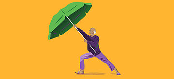 Coverbild illustriert: Person mit Sonnenschirm auf gelbem Hintergrund