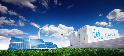 Schematische Darstellung der Verwandlung von Strom in Wasserstoff 