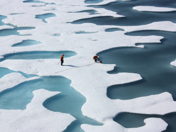 Zwei Menschen sind auf einer Eisscholle, die auf dem Meer schwimmt. 