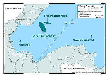 Karte mit den Pilotierungsarealen in der Lübecker und Mecklenburger Bucht: Haffkrug, Pelzerhaken West und Nord und Großklützhöved.. Weitere Informationen siehe Bildunterschrift