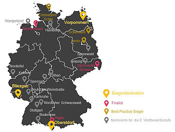 Deutschlandkarte mit den offiziellen nachhaltigen Reisezielen: Sieger: Bliesgau, Oberstdorf, Vormpommern. Finalisten: Allgäu, Bremerhaven, Sächsische Schweiz. Best-Practice Sieger: Berlin, Uckermark, Ostseefjord Schlei. Nominierte für die 2. Wettbewerbsstufe: Bodensee, Deutsche Weinstraße, Stuttgart, Nördlicher Schwarzwald, Karlsruhe, Spessart, Rhön, Koblenz, Nordeifel, Leipzig, Spreewald, Hamburg, Wangerland.