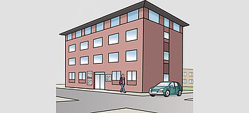 Illustriertes Bürogebäude, eine Person läuft vorbei, rechts steht ein grünes Auto
