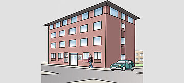 Illustriertes Bürogebäude, eine Person läuft vorbei, rechts steht ein grünes Auto