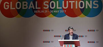 Dr. Barbara Hendricks hält eine Keynote auf dem T20 Gipfel in Berlin.