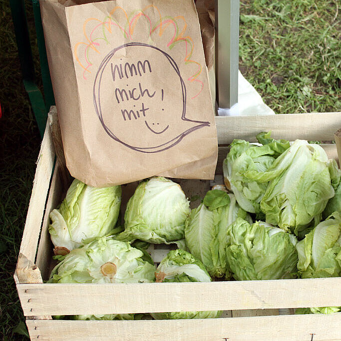 Salate in Holzkiste, dabei ein Schild "Nimm mich mit"