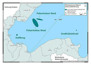 Infographic on munitions contamination in the North Sea and Baltic Sea: Pilot project areas in Bays of Lübeck and Mecklenburg . for further information see image caption