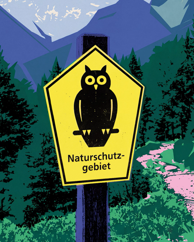 Unsere Umweltschutz-Ikonen: Eule auf gelben Schild