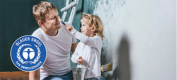 Vater und Tochter malen eine Wand türkis