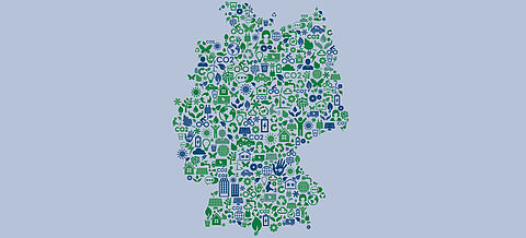 Deutschlandkarte aus verschieden Symbolen zum Klimaschutz