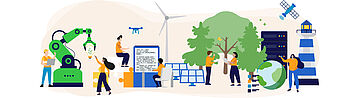 Illustration zu Themen der Digitalisierung: Menschen im Kontext zu Drohnen, Robotik und nachhaltige Energien