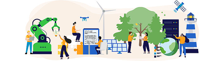 Illustration zu Themen der Digitalisierung: Menschen im Kontext zu Drohnen, Robotik und  nachhaltige Energien