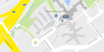 Die Grafik zeigt den Standort des Dienssitzes des Bundesumweltministeriums in Bonn. Das BMUKN liegt direkt am Robert-Schuman-Platz, neben der U-Bahn-Haltestelle.. Weitere Informationen siehe Bildunterschrift