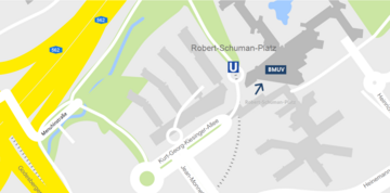 Die Grafik zeigt den Standort des Dienssitzes des Bundesumweltministeriums in Bonn. Das BMUV liegt direkt am Robert-Schuman-Platz, neben der U-Bahn-Haltestelle.. for further information see image caption