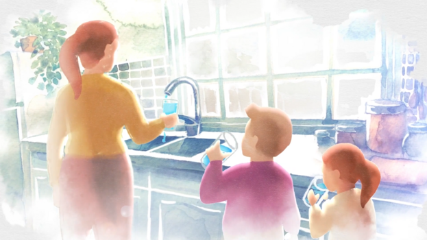 Nationale Wasserstrategie Illustration: Mutter und 2 Kinder stehen in der Küche und trinken Leitungswasser.