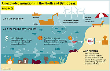 Infographic drawing: Impact on the economy, the underwater world and people. for further information see image caption