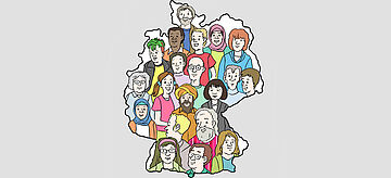 Illustration: Deutschlandkarte mit verschiedenen Menschen