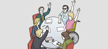 Illustriert: Eine Gruppe Menschen sitzt am Tisch und stimmt ab.