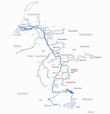 Die Landkarte zeigt das Einzugsgebiet des Rheins. Der Rhein fließt durch Gebiete der Niederlande, Deutschland, Frankreich, Österreich und der Schweiz.. Weitere Informationen siehe Bildunterschrift