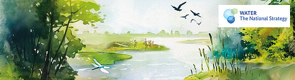 River landscape illustrated, top right the logo for the National Water Strategy