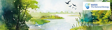 River landscape illustrated, top right the logo for the National Water Strategy