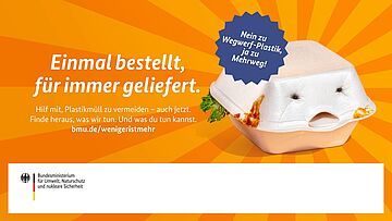 Einmal bestellt, für immer geliefert. Nein zu Wegwerf-Plastik, ja zu Mehrweg! Hilf mit, Plastikmüll zu vermeiden – auch jetzt. Finde heraus, was wir tun. Und was du tun kannst. bmu.de/wenigeristmehr