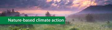 Natural climate protection; image: mountain and meadow landscape at sunset