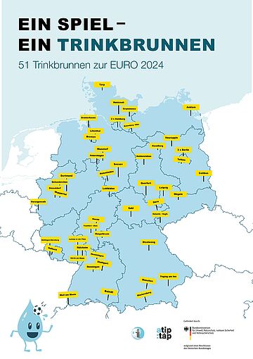 Deutschlandkarte mit den 51 Standorten, in welchen Städten und Gemeinden die Brunnen installiert werden sollen. Eine Liste mit den Standorten folgt im Anschluss.