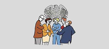 Das Bild zeigt eine Gruppe von Männern und Frauen. Sie unterhalten sich. Hinter den Menschen ist der Bundes-Adler zusehen. Der Adler ist das Kennzeichen von Deutschland.