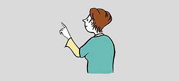 Auf dem Bild ist eine Frau zusehen. Ihre Hand hält sie hoch und möchte damit auf etwas aufmerksam machen. Die Art der Zeichnung ist ein Cartoon.